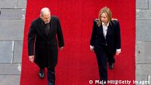 BERLIN, GERMANY - FEBRUARY 03: German Chancellor Olaf Scholz and Italian Prime Minister Giorgia Meloni review a guard of honour upon Meloni's arrival at the Chancellery on February 3, 2023 in Berlin, Germany. This is Meloni's first official trip to Berlin since she took office. High on the agenda in the meeting between the two leaders is the ongoing Russian war in Ukraine. Both Germany and Italy have been supporting Ukraine with donations of heavy weaponry on February 03, 2023 in Berlin, Germany. (Photo by Maja Hitij/Getty Images)