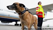 A search and rescue dog and a rescuer of International Search and Rescue (ISAR) Germany stand as they arrive to Gaziantep to help find survivors of the deadly earthquake in Turkey, at Gaziantep Airport, Turkey, February 7, 2023. REUTERS/Piroschka van de Wouw