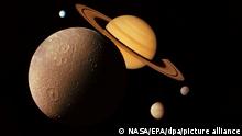 epa000335012 This montage of images of the Saturnian System was prepared from an assemblage of images taken by the Voyager 1 spacecraft during its Saturn encounter in November 1980. This artist's arrangement shows Dione in the forefront, Saturn rising behind, Tethys and Mimas fading in the distance to the right, Enceladus and Rhea off Saturn's rings to the left, and Titan in its distant orbit at the top. The joint European-U.S. Cassini spacecraft orbiting Saturn released its 2.7-metre-wide Huygens probe Friday 24 December 2004 on a two-week trek toward Titan, the planet's largest moon, U.S. news reports said. Huygens, built by the ESA, is loaded with six scientific instruments to examine the physical, chemical and electrical properties of Titan's atmosphere. Scientists believe that a study of Titan, the only moon in the solar system with its own atmosphere, may help understand the beginnings of the Earth. EPA/NASA editorial use only EDITORIAL USE ONLY