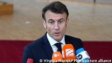 09.02.2023
France's President Emmanuel Macron speaks with the media as he arrives for an EU summit at the European Council building in Brussels on Thursday, Feb. 9, 2023. European Union leaders are meeting for an EU summit to discuss Ukraine and migration. (AP Photo/Virginia Mayo)