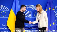 09.02.2023****Ukrainian President Volodymyr Zelenskiy meets with European Parliament President Roberta Metsola during a summit in Brussels, Belgium February 9, 2023. Philippe Buissin/European Union 2023/Handout via REUTERS ATTENTION EDITORS - THIS IMAGE HAS BEEN SUPPLIED BY A THIRD PARTY. MANDATORY CREDIT.