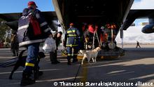 Greek firefighters with dogs board a military plane at Elefsina Air Force Base, in western Athens, Greece, Monday, Feb. 6, 2023. Greece announced it is sending a team of 21 rescuers, two rescue dogs and a special rescue vehicle, together with a structural engineer, five doctors and seismic planning experts, all traveling in a military transport plane. (AP Photo/Thanassis Stavrakis)