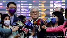 08.02.2023+++ Andrew Hsia, deputy chairman of Taiwan's main opposition party the Kuomintang speaks to the media before traveling to China at Taoyuan International Airport in Taoyuan, Taiwan, February 8, 2023. REUTERS/Ann Wang REFILE - QUALITY REPEAT