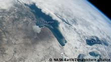 December 30, 2022 - Earth Atmosphere - On February 20, 2022 a strong winter storm brought snow, sleet, and rain to the Great Lakes area of the U.S. and Canada. At the time, the space station was orbiting directly over northern Iowa, but the oblique angle of the photo shows areas farther to the east including Michigan, Ontario, and the Great Lakes. Clouds still obscured parts of northern Michigan and Ontario, but clear skies prevailed in areas south. Notice the band of snow between Lake Huron and Lake Erie. This is where the storm dropped nearly 7 inches (18 centimeters) of snow in places. The photograph also shows plenty of ice on Lake Huron most notably in Saginaw Bay nd across much of Lake Erie. Almost one week later, ice cover on the Great Lakes reached its maximum extent for the 2021-2022 winter, measuring slightly above average (calculated since the start of record keeping in the early 1970s). (Credit Image: © NASA Earth/ZUMA Press Wire Service/ZUMAPRESS.com