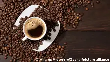 Top view of a coffee cup and roasted beans background with copy space for text or logo. Cafe menu
