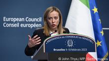 10.02.2023+++ Italy's Prime Minister Giorgia Meloni speaks during a press conference after an extraordinary meeting of a EU Summit at The European Council Building in Brussels on February 10, 2023. (Photo by John THYS / AFP) (Photo by JOHN THYS/AFP via Getty Images)