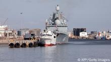 A general view of Russian military frigate 'Admiral Gorshkov' docked in the harbour of Cape Town on February 13, 2023 ahead of 10-day joint maritime drills being staged alongside South Africa and China. - The Russian consulate in Cape Town tweeted a photo of the ship in the harbour writing that the warship was on its way to the eastern city of Durban. The exercises dubbed Mosi, which translates to smoke in the local Tswana language, are scheduled for February 17 to 27, off the port city of Durban and Richards Bay. (Photo by AFP) (Photo by -/AFP via Getty Images)