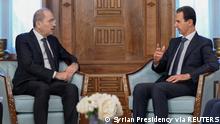 15.02.2023 *** Jordan's Foreign Minister Ayman Safadi meets with Syrian President Bashar al Assad in Damascus, Syria, February 15, 2023. Syrian Presidency/Handout via REUTERS ATTENTION EDITORS - THIS IMAGE WAS PROVIDED BY A THIRD PARTY. NO RESALES. NO ARCHIVES. MANDATORY CREDIT