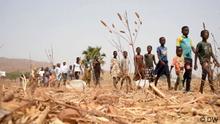 In der Nähe der ghanaischen Siedlung Widnaba an der Grenze zu Burkina Faso Eine Gruppe von Menschen bewegt sich durch eine trockene Landschaft im Grenzgebiet von Burkina Faso und Ghana. 
