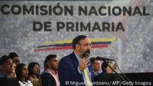 Venezuelan President of the National Commission of Primaries, Jesus Maria Casal, delivers a speech during a press conference to announce the dates of the opposition primary election in Caracas on February 15, 2023. - The Venezuelan opposition set the primary elections for October 22 with a view to defining a candidate to face the socialist president Nicolas Maduro in the elections scheduled for 2024, organizers of the process announced Wednesday. (Photo by Miguel ZAMBRANO / AFP) (Photo by MIGUEL ZAMBRANO/AFP via Getty Images)