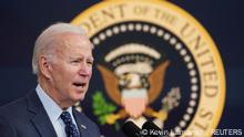 U.S. President Joe Biden speaks about a high-altitude Chinese balloon and three other objects that were recently shot down by U.S. fighter jets, during brief remarks in the Eisenhower Executive Office Building's South Court Auditorium on the White House campus in Washington, U.S., February 16, 2023. REUTERS/Kevin Lamarque
