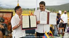 CUCUTA, COLOMBIA - FEBRUARY 16: (----EDITORIAL USE ONLY Äì MANDATORY CREDIT - COLOMBIAN PRESS OFFICE/ HANDOUT - NO MARKETING NO ADVERTISING CAMPAIGNS - DISTRIBUTED AS A SERVICE TO CLIENTS----) President of Colombia Gustavo Petro (L), and President of Venezuela Nicolas Colombia on February 16, 2023++++ Maduro (R), hold their third meeting in less than six months in Cucuta, Norte de Santander, Colombia on February 16, 2023. During the meeting the presidents signed a partial agreement between Colombia and Venezuela, which would have as its setting the bridge enabled for private vehicular passage between Colombia and Venezuela named Atanasio Girardot known as 'Tienditas'. Colombian Press Office / Handout / Anadolu Agency