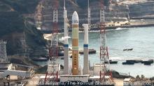 The Japan Aerospace Exploration Agency (JAXA)'s First H3 Launch Vehicle with Advanced Land Observing Satellite-3 DAICHI-3 (ALOS-3) onboard remains on a launching pad at Tanegashima Space Center in Minamitane Town, Kagoshima Prefecture on Feb. 17, 2023. The main engine ignited, however the solid auxiliary rocket did not and the rocket didn't launch.H3 rocket No.1 is an expendable launch system in development in Japan, and is liquid-propellant rocket with strap-on solid rocket boosters. Mitsubishi Heavy Industries (MHI) and JAXA (Japan Aerospace Exploration Agency) are responsible for the design, manufacture, and operation of the H3. The H3 is the world's first rocket to use an expander bleed cycle for the first stage engine.( The Yomiuri Shimbun via AP Images )