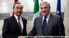 February 16, 2023, ROME, ITALY: Italian Foreign Minister Antonio Tajani (right) and Chinese Foreign Affairs Minister Wang Yi shake hands during their meeting at the Farnesina Palace in Rome, Italy, 16 February 2023. ANSA/ANGELO CARCONI (Credit Image: © ANSA via ZUMA Press