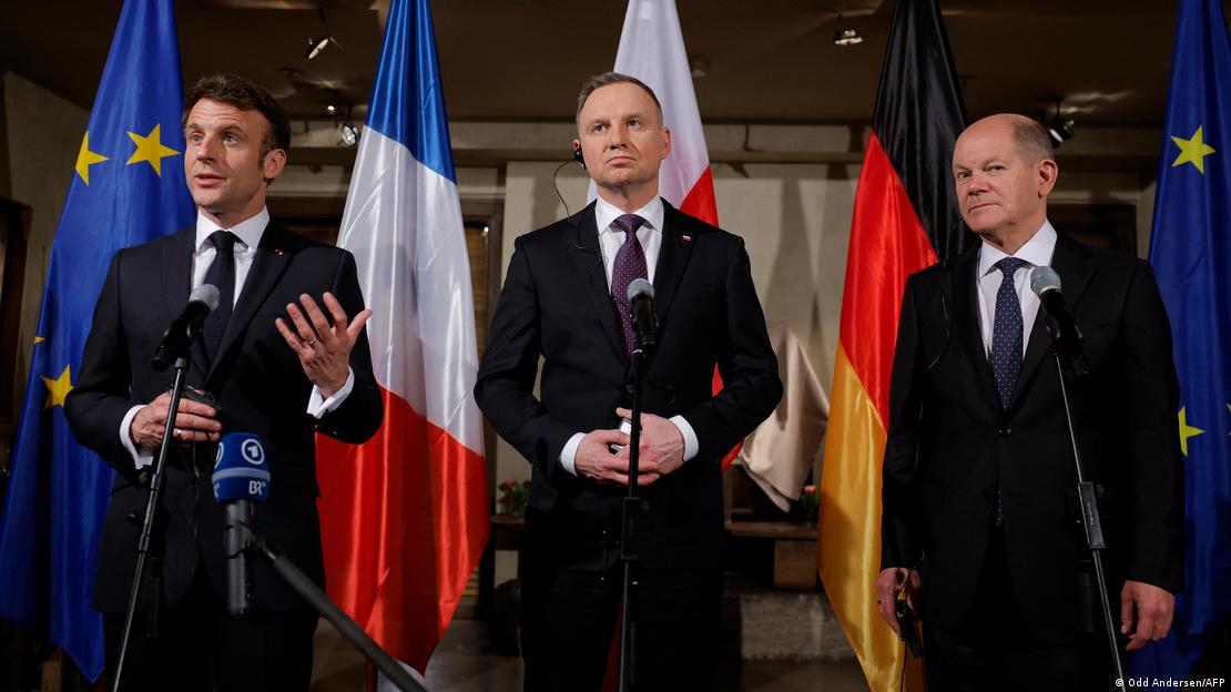 Emmanuel Macron, Andzej Duda i Olaf Scholz na Konferenciji o sigurnosti u Münchenu