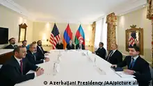 MUNICH, AZERBAIJAN - FEBRUARY 18: (----EDITORIAL USE ONLY - MANDATORY CREDIT - 'AZERBAIJANI PRESIDENCY / HANDOUT' - NO MARKETING NO ADVERTISING CAMPAIGNS - DISTRIBUTED AS A SERVICE TO CLIENTS----) United States Secretary of State Antony Blinken (C), Azerbaijani President Ilham Aliyev (2nd R) and Armenian Prime Minister Nikol Pashinyan (2nd L) hold a trilateral meeting within the Munich Security Conference (MSC) in Munich Germany, on February 18, 2023. Azerbaijani Presidency / Handout / Anadolu Agency