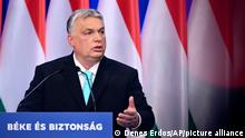 Hungarian Prime Minister Viktor Orban speaks during a yearly State of the Nation address in Budapest, Hungary, Saturday, Feb. 18, 2023. (AP Photo/Denes Erdos)