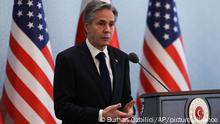 U.S. Secretary of State Antony Blinken talks to journalists during a joint news conference with Turkish Foreign Minister Mevlut Cavusoglu following their meeting in Ankara, Turkey, Monday, Feb. 20, 2023. (AP Photo/Burhan Ozbilici)