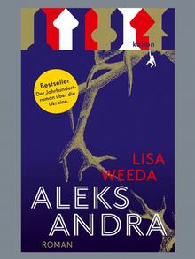 Buchcover von Aleksandra von Lisa Weeda. Es zeigt einen Ast vor blauem Hintergrund. 