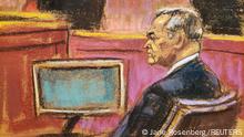Mexico's former Public Security Minister Genaro Garcia Luna listens as Judge Brian Cogan instructs the jury on the law ahead of deliberations in the trial of Garcia Luna on charges that he accepted millions of dollars to protect the powerful Sinaloa Cartel, once run by imprisoned drug lord Joaquin El Chapo Guzman, at a courthouse in New York City, U.S., February 16, 2023 in this courtroom sketch. REUTERS/Jane Rosenberg