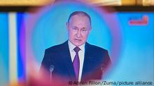 February 21, 2023, Clermont Ferrand, Auvergne Rhone Alpes, France: Russia President Vladimir PUTIN delivers his speech to the nation, as the war is about to enter its second year, and a day after U.S. President Joe BIDEN's surprise visit to Kyiv, in Ukraine, condemning Moscow's ''brutal'' assault on a sovereign country. Pictures taken on a computer on Rossiya 24 TV channel. (Credit Image: Â© Adrien Fillon/ZUMA Press Wire