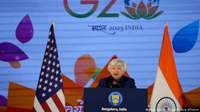 US-Finanzministerin Janet Yellen äußert sich vor Journalisten im indischen Bangalore 