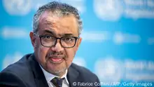 14/12/2022 WHO Director-General Tedros Adhanom Ghebreyesus looks on during a press conference at the World Health Organization's headquarters in Geneva, on December 14, 2022. (Photo by Fabrice COFFRINI / AFP) (Photo by FABRICE COFFRINI/AFP via Getty Images)