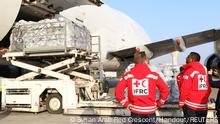 European Union (EU) humanitarian aid arrives on a plane at Damascus International Airport, in the aftermath of a deadly earthquake, in Syria February 26, 2023. Syrian Arab Red Crescent/Handout via REUTERS ATTENTION EDITORS - THIS IMAGE WAS PROVIDED BY A THIRD PARTY. NO RESALES. NO ARCHIVES. 