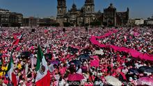 Anti-government demonstrators protest against recent reforms pushed by President Andres Manuel Lopez Obrador to the country's electoral law that they say threaten democracy, in Mexico City's main square, The Zocalo, Sunday, Feb. 26, 2023. (AP Photo/Fernando Llano)