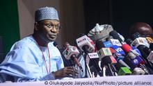 Independent National Electoral Commission (INEC) Chairman (Centre), Mahmood Yakubu speaking at the Situation Centre/National Collation Centre where the next President of Nigeria will be announced in coming days in Abuja on February 27, 2023. (Photo by Olukayode Jaiyeola/NurPhoto)