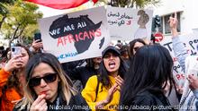 25.02.2023 Demonstration in support of migrants and against racism at the call of civil society following the words of Kais Saied, President of Tunisia, against sub-Saharan migrants in Tunisia. Kais Saied claimed that sub-Saharan migrants sought to colonize Tunisia and threatened Arab-Muslim identity. These words only reinforced the attacks against this community and officially triggered a wave of arrests throughout the country. The demonstrators chanted several slogans to express their solidarity with the migrants and to call for the regularization of the situation of those who find themselves in an irregular situation. Tunis, Tunisia, on February 25, 2023. Photo by Nicolas Fauque/Images de Tunisie/ABACAPRESS.COM