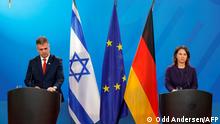 German Foreign Minister Annalena Baerbock and Israeli Foreign Minister Eli Cohen address a joint press conference after talks at the Foreign Office in Berlin, Germany on February 28, 2023. (Photo by Odd ANDERSEN / AFP)