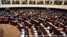 Parliament members attend the plenary session where Finnish Parliament voted on Finland's accession to NATO in Helsinki, Finland, Wednesday March 1, 2023. Finnish parliament said yes to Nato, with 184 parliament members voting yes and seven members voting no. One voted empty and seven members were not at the session. (Heikki Saukkomaa/Lehtikuva via AP)