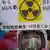 Demonstrant mit Gasmaske und Plakat in Tokio (Foto: AP)