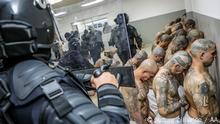 February 25, 2023***TECOLUCA, EL SALVADOR - FEBRUARY 25: (----EDITORIAL USE ONLY Äì MANDATORY CREDIT - PRESS SECRETARY OF THE PRESIDENCY OF EL SALVADOR / HANDOUT - NO MARKETING NO ADVERTISING CAMPAIGNS - DISTRIBUTED AS A SERVICE TO CLIENTS----) The arrival of inmates belonging to the MS-13 and 18 gangs to the new prison Terrorist Confinement Centre (CECOT), in Tecoluca, 74 km southeast of San Salvador, on February 25, 2023. The first group of 2,000 suspected gang members in El Salvador has been moved to a huge new prison, the centerpiece of President Nayib Bukele's self-declared war on crime. Tens of thousands of suspected gangsters have been rounded up in the country under a state of emergency following a spike in murders and other violent crimes. Press Secretary Of The Presidency Of El Salvador / Handout / Anadolu Agency