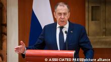 In this handout photo released by Russian Foreign Ministry Press Service, Russian Foreign Minister Sergey Lavrov gestures while speaking to the media after the G20 foreign minister's meeting in New Delhi, India, Thursday, March 2, 2023. (Russian Foreign Ministry Press Service via AP)