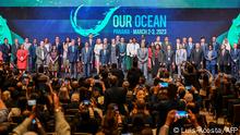 Family picture taken on the opening day of the Our Ocean Conference at the Panama Convention Centre in Panama City on March 2, 2023. - Leaders gather in Panama to discuss the world's oceans and the multiple threats they face, from climate change and pollution to overfishing and mining. About 600 government officials, businesspeople, environmental activists and academics are expected to rub shoulders at the two-day Our Ocean conference in the Central American country. (Photo by Luis ACOSTA / AFP)
