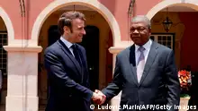 O PR francês, Emmanuel Macron, visitou Angola em 2023 e encontrou-se com o seu homólogo angolano, João Lourenço