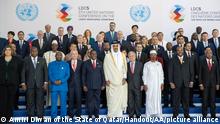 DOHA, QATAR - MARCH 05: (----EDITORIAL USE ONLY - MANDATORY CREDIT - AMIRI DIWAN OF THE STATE OF QATAR / HANDOUT' - NO MARKETING NO ADVERTISING CAMPAIGNS - DISTRIBUTED AS A SERVICE TO CLIENTS----) Leaders and country representatives, attending the conference, pose for a family photo during the Fifth United Nations Conference on the Least Developed Countries (LDC5) in Doha, Qatar on March 05, 2023. Amiri Diwan of the State of Qatar/Handout / Anadolu Agency