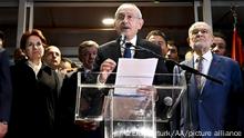 ANKARA TURKIYE - MARCH 06: Chairman of the Republican PeopleÄôs Party (CHP) Kemal Kilicdaroglu adresses the crowd after he was nominated for presidency by 6-party opposition bloc, outside the Saadet Headquarters in Ankara, Turkiye on March 06, 2023. TurkiyeÄôs opposition alliance named the chairman of the Republican PeopleÄôs Party (CHP) on Monday as their joint candidate for the upcoming presidential election, expected to be held on May 14. Ercin Erturk / Anadolu Agency