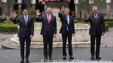 The Presidents of Dominican Republic Luis Abinader, right, Ecuador Guillermo Lasso, second right, Costa Rica Rodrigo Chaves, second left, and PanamaÂ´s Vice-President Jose Carrizo, pose for an official photo during the VI meeting of the Alliance for Development in Democracy in Quito, Ecuador, Monday, March 6, 2023. This alliance seeks to promote the economic growth of its members within the framework of democracy and human rights. (AP Photo/Dolores Ochoa)