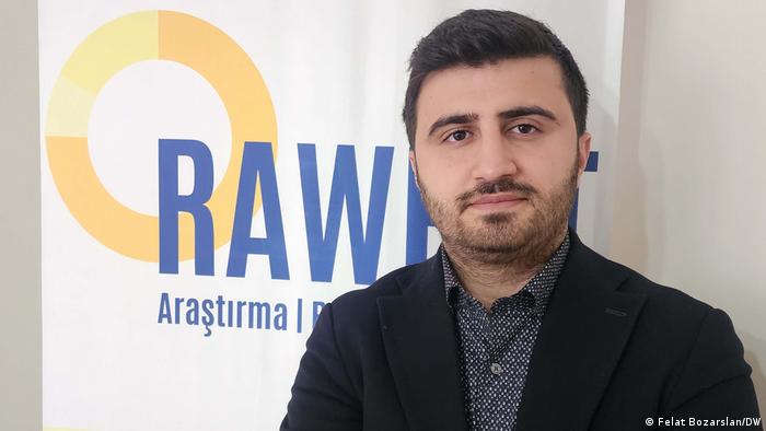 Roj Girasun steht vor dem Logo des Meinungsforschungsinstituts Rawes
