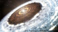 This artist’s impression of the water snowline around the young star V883 Orionis, as detected with ALMA.