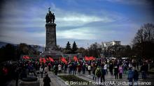 SOFIA, BULGARIA - MARCH 09: People from the Bulgarian Socialist Party and pro-Russian gather to protest against the initiative of the Bulgarian right parties to remove the biggest Soviet monument in Sofia, Bulgaria on March 09, 2023. The Monument to the Soviet Army was built in the 1954 on the occasion of the 10th anniversary of the liberation by the Soviet Army. Borislav Troshev / Anadolu Agency