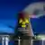 Greenpeace campaign against nuclear power painted large on a nuclear power plant cooling tower