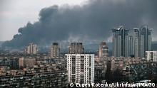 09.03.2023 KYIV, UKRAINE - MARCH 9, 2023 - A plume of smoke rises above an infrastructure facility in the Holosiivskyi district during Russia s mass missile attack on Ukraine, Kyiv, capital of Ukraine. Consequences of Russian strikes on Kyiv PUBLICATIONxNOTxINxRUS Copyright: xEugenxKotenkox