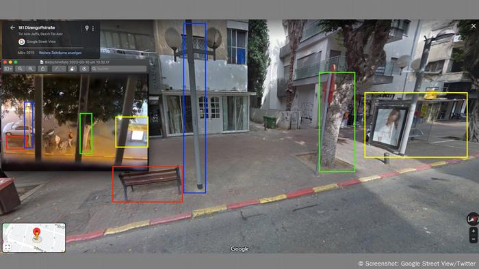 Geolokalisierung per Google Street View: Ein Screenshot eines Twitter-Videos zeigt eine Schießerei auf einer Straße. Wir finden die Dizengoff Street via Google Street View - dort sind Bank (rot), Laterne (blau), Baum (grün) und Bushaltestelle (gelb) klar zu erkennen. (Screenshot: Google Street View / Twitter).