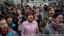 Protesters play music during a demonstration in Lyon, central France, Saturday, March 11, 2023. Opponents of President Emmanuel Macron's hotly contested plan to raise the retirement age from 62 to 64 were taking to the streets of France on Saturday for the second time this week in what union's hope will be a new show of force meant to push the government to back down. (AP Photo/Laurent Cipriani)