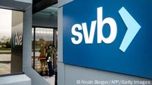 10.03.2023 *** A sign hangs at Silicon Valley Banks headquarters in Santa Clara, California on March 10, 2023. - US authorities swooped in and seized the assets of SVB, a key lender to US startups since the 1980s, after a run on deposits made it no longer tenable for the medium-sized bank to stay afloat on its own. (Photo by NOAH BERGER / AFP) (Photo by NOAH BERGER/AFP via Getty Images)