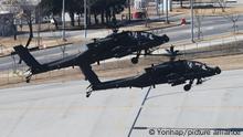 13.03.2023+++ S. Korea-U.S. Freedom Shield drill kicks off Apache attack helicopters take off at U.S. Army base Camp Humphreys in Pyeongtaek, 65 kilometers south of Seoul, on March 13, 2023, as South Korea and the United States started their 11-day computer-simulated Freedom Shield joint exercise. (Yonhap)/2023-03-13 14:49:24/
